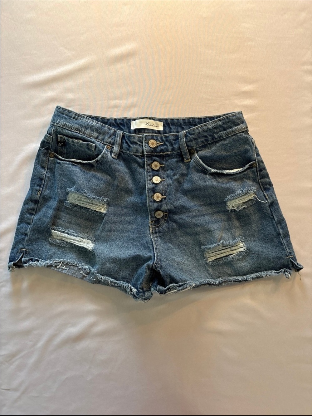 KanCan High-Rise Distressed Button-Front Denim Shorts - Blue